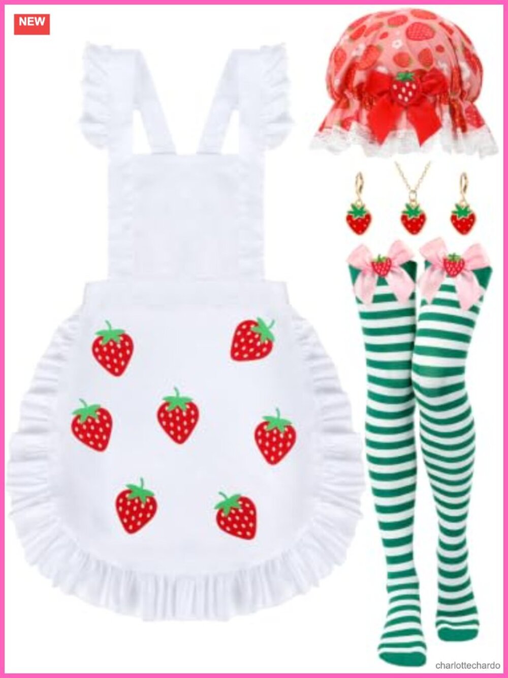 Strawberry Costume Set Hat Apron Socks Necklace Earrings One Size Halloween